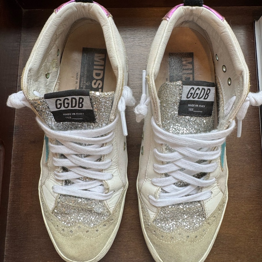 Golden Goose White Silver Glitter Sneakers with Teal Star - Picture 2 of 6